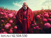 Buddhist old monk wearing red traditional kimono. Generate ai. Стоковое AI-изображение, AI-художник Иван Рябоконь / Фотобанк Лори