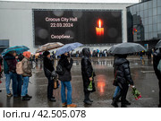 Люди стоят в очереди к стихийному мемориалу в память о погибших при теракте у здания концертного зала "Крокус сити холл", Московская область, Россия (2024 год). Редакционное фото, фотограф Николай Винокуров / Фотобанк Лори