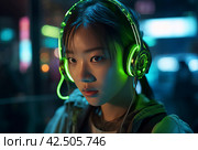 Korean girl with futuristic neon glowing headphones. Generate ai. Стоковое AI-изображение, AI-художник Иван Рябоконь / Фотобанк Лори