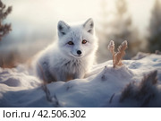 Winter baby arctic fox sunny forest. Generate Ai. Стоковое AI-изображение, AI-художник Иван Рябоконь / Фотобанк Лори