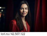 Beautiful brunette woman presenter on stage. Generate ai. Стоковое AI-изображение, AI-художник Иван Рябоконь / Фотобанк Лори