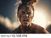 Maori yelling woman with angry face. Generate ai. Стоковое AI-изображение, AI-художник Иван Рябоконь / Фотобанк Лори