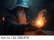 Wizard casting spell magic ball. Generate ai. Стоковое AI-изображение, AI-художник Иван Рябоконь / Фотобанк Лори