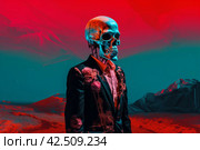Skeleton in suit on red infernal sky. Generate ai. Стоковое AI-изображение, AI-художник Иван Рябоконь / Фотобанк Лори