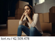 Indoor shot confused woman. Generate AI. Стоковое AI-изображение, AI-художник Иван Рябоконь / Фотобанк Лори