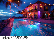 Spacious Luxury Villa with Private Pool, Ocean Views, and Stunning Sunsets on the Beachfront. Стоковое AI-изображение, AI-художник Юрий Поздников / Фотобанк Лори