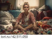 Woman messy blonde hair. Generate AI. Стоковое AI-изображение, AI-художник Иван Рябоконь / Фотобанк Лори