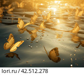 Golden butterflies on bright water surface. Generate ai. Стоковое AI-изображение, AI-художник Иван Рябоконь / Фотобанк Лори