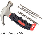 Молоток и гвозди на белом фоне. Hammer and nails on a white background. Стоковое фото, фотограф Татьяна Д / Фотобанк Лори