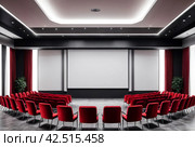 Conference room with red chairs, interior lighting, and empty white insulated screen. Business meetings, conferences, trainings, used as template for elegant design. Interior of the conference hall. Стоковое AI-изображение, AI-художник Aleksandr Golubev / Фотобанк Лори