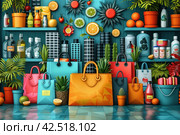 Vibrant grocery store with colorful shopping bags and tropical plants. Стоковое AI-изображение, AI-художник Юрий Поздников / Фотобанк Лори