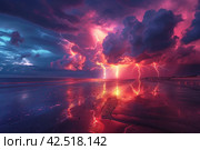 Dramatic Scene A Spectacular Red Lightning Bolt Hits the Beach in the Midst of a Powerful Storm. Стоковое AI-изображение, AI-художник Юрий Поздников / Фотобанк Лори