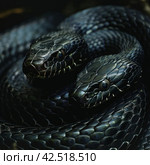 Two black snakes coiled upward, realistic photo.    Generative AI. Стоковое AI-изображение, AI-художник Анна Кривицкая / Фотобанк Лори