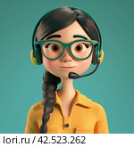 Call center  female agent talking. 3d character. Front view. Young woman in yellow shirt with a headset. Customer support line. Стоковое AI-изображение, AI-художник Катерина Ковалева / Фотобанк Лори
