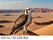 Bird is an osprey on sand san close up. Portrait of osprey (Pandion haliaetus) sitting on rock ridge in Sahara desert Observation animal world. Really adventure in Red sea, coast Africa. Стоковое AI-изображение, AI-художник Aleksandr Golubev / Фотобанк Лори