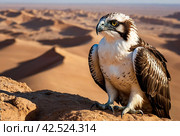 Bird is an osprey on sand san close up. Portrait of osprey (Pandion haliaetus) sitting on rock ridge in Sahara desert Observation animal world. Really adventure in Red sea, coast Africa. Стоковое AI-изображение, AI-художник Aleksandr Golubev / Фотобанк Лори