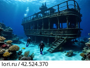 Scuba divers explore sunken ships at the bottom of the sea. Marine life underwater in blue ocean. Observation animal world. Scuba diving adventure in Red sea, coast Africa. Стоковое AI-изображение, AI-художник Aleksandr Golubev / Фотобанк Лори