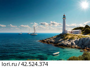 Sea panorama of moored yachts at Cape with lighthouse. Anchorage of ships at anchor. Marine life underwater in blue ocean. Observation animal world. Scuba diving adventure in Red sea, coast Africa. Стоковое AI-изображение, AI-художник Aleksandr Golubev / Фотобанк Лори
