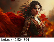 Tenacious Bullfighter woman red cloth bull. Generate Ai. Стоковое AI-изображение, AI-художник Иван Рябоконь / Фотобанк Лори