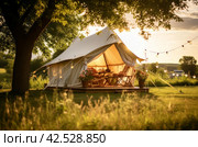 Spacious Summer glamping tent. Generate Ai. Стоковое AI-изображение, AI-художник Иван Рябоконь / Фотобанк Лори