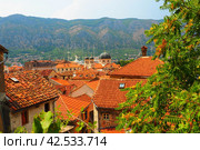 Kotor is a coastal city in Montenegro. Bay of Kotor. Red tiled roofs, mountain and chimneys of a tourist ship. Excursions and tourism. Cathedral of Saint Tryphon. Medieval old towns in the Adriatic (2022 год). Стоковое фото, фотограф Юлия Петровская / Фотобанк Лори