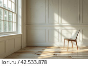Wooden chair by the window with sunlight and shadows on a white wall in the background. Стоковое AI-изображение, AI-художник Юрий Поздников / Фотобанк Лори