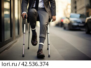 Hobbled Man injured leg using crutches. Generate Ai. Стоковое AI-изображение, AI-художник Иван Рябоконь / Фотобанк Лори