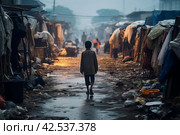 Desolate Sad boy living in poverty background. Generate ai. Стоковое AI-изображение, AI-художник Иван Рябоконь / Фотобанк Лори