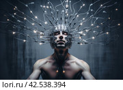 Intriguing Male head with brain electrodes. Generate ai. Стоковое AI-изображение, AI-художник Иван Рябоконь / Фотобанк Лори