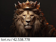 Intimidating Lion crown animal banner. Generate AI. Стоковое AI-изображение, AI-художник Иван Рябоконь / Фотобанк Лори