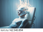 Man with brain electrodes futuristic helmet. Generate ai. Стоковое AI-изображение, AI-художник Иван Рябоконь / Фотобанк Лори