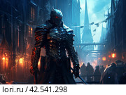Chivalrous Medieval knight person cyberpunk. Generate Ai. Стоковое AI-изображение, AI-художник Иван Рябоконь / Фотобанк Лори
