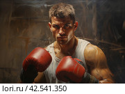 Contemplative Sport boxer man alone in locker room. Generate ai. Стоковое AI-изображение, AI-художник Иван Рябоконь / Фотобанк Лори