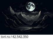 Stunning Monochrome big moon above the mountains. Generate ai. Стоковое AI-изображение, AI-художник Иван Рябоконь / Фотобанк Лори