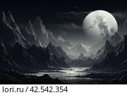 Ethereal Monochrome big moon above the mountains. Generate ai. Стоковое AI-изображение, AI-художник Иван Рябоконь / Фотобанк Лори