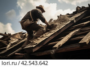 Deteriorated Old roof removing. Generate Ai. Стоковое AI-изображение, AI-художник Иван Рябоконь / Фотобанк Лори