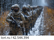 Combat soldiers of an elite counter-terrorism unit return to base after a raid.,    Generative AI. Стоковое AI-изображение, AI-художник Анна Кривицкая / Фотобанк Лори