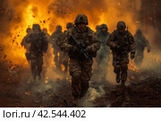 Combat soldiers of an elite counter-terrorism unit return to base after a raid.,    Generative AI. Стоковое AI-изображение, AI-художник Анна Кривицкая / Фотобанк Лори