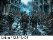 Combat soldiers of an elite counter-terrorism unit return to base after a raid.,    Generative AI. Стоковое AI-изображение, AI-художник Анна Кривицкая / Фотобанк Лори