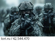 Combat soldiers of an elite counter-terrorism unit return to base after a raid.,    Generative AI. Стоковое AI-изображение, AI-художник Анна Кривицкая / Фотобанк Лори