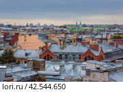 Санкт-Петербург, Россия. Красивый вид сверху на исторический центр Санкт-Петербурга. Городской пейзаж с крышами зданий. Вдали виднеется большая Соборная мечеть и Смольный собор. Стоковое фото, фотограф Андрей Степанов / Фотобанк Лори