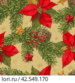 Vector seamless Christmas background with Hand drawn with spruce branches, cones, poinsettia flowers, red and gold stars, red bows and gold snowflakes. Стоковая иллюстрация, иллюстратор Ольга Морозова / Фотобанк Лори