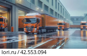 Orange modern cargo truck parked in front of a warehouse for efficient transportation of goods. Стоковое AI-видео, аниматор Юрий Поздников / Фотобанк Лори