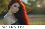 Beautiful young woman with vibrant red hair standing gracefully in a field at sunset. Стоковое AI-видео, аниматор Юрий Поздников / Фотобанк Лори