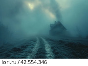 Old abandoned house in a foggy winter landscape. Retro style..,    Generative AI. Стоковое AI-изображение, AI-художник Анна Кривицкая / Фотобанк Лори