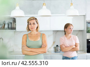 Quarreled mum and daughter do not talk ignore to each other and look in different directions. Стоковое фото, фотограф Яков Филимонов / Фотобанк Лори