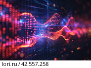 Illustration of Binary Data Flow Over a High-Speed Network Connection with Glowing Digital Wave. Стоковое AI-изображение, AI-художник Юрий Поздников / Фотобанк Лори