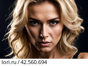 Close-up pretty portrait an angry discontented woman with finger on lips against dark background. Female emotion happy and actress show. Concept of satisfaction and inspiration. Copy space. Стоковое AI-изображение, AI-художник Aleksandr Golubev / Фотобанк Лори