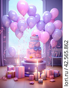 birthday card screenshot thumbnail with birthday candles and balloons. Стоковое AI-изображение, AI-художник Юлия Гапеенко / Фотобанк Лори