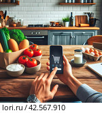 Руки мужчины, за кухонным столом утром, делают заказ доставки продуктов на дом через смартфон онлайн. Онлайн технологии. Интерьер домашней кухни. Стоковое AI-изображение, AI-художник Sergei Gorin / Фотобанк Лори